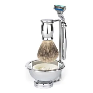 Bulbous Chrome 4-Piece Shaving Set compatible with Mach3 Turbo Razor, Silvertip Badger Hair Brush, Bowl & Stand