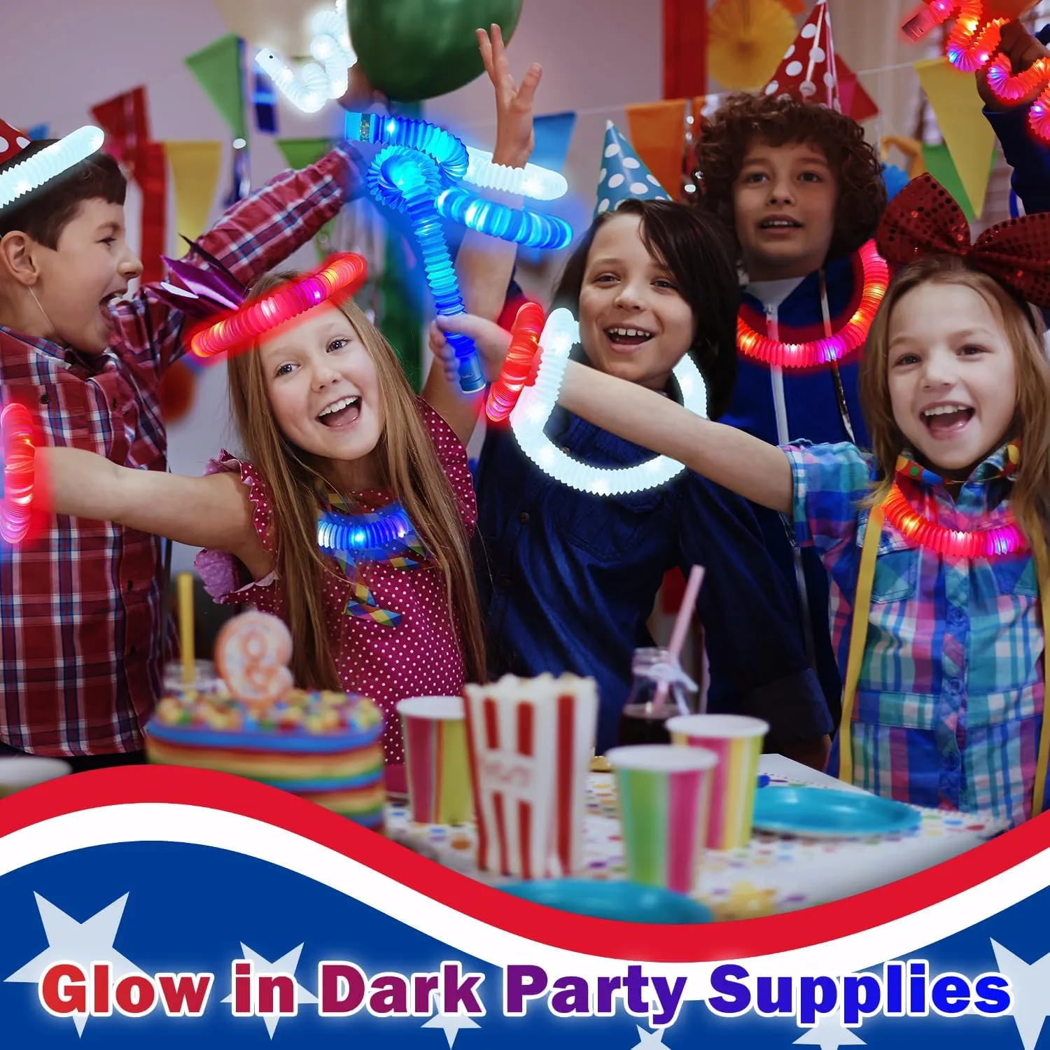 Bulk Patriotic Party Favors Glow Sticks and Pop Tubes Toys 36 PCS, 4th of July Light up Bracelets Necklaces Accessories for Kids Adults, Red White Blue Patriotic Decorations for Fourth of July Parade