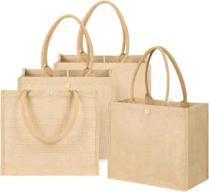 Burlap Tote Bags 4 Pack Jute Tote with Handles and Button (13.7'' x 12.1'' x 7.6'') Reusable Shopping Blank Gift Bags for Party Beach Trip Bridesmaid Wedding DIY