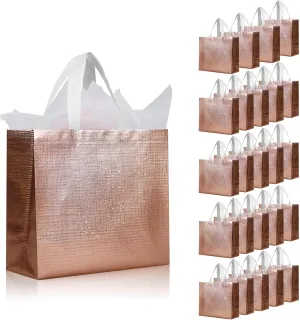 cabzymx Rose Gold Reusable Gift Bags with Metallic Design, 25 Pcs Non-woven Gift Bag Bulk with Handles, 12.6x4.7x11 In Party Bags for Wrapping Gifts, Birthday, Wedding, Parties, Graduation