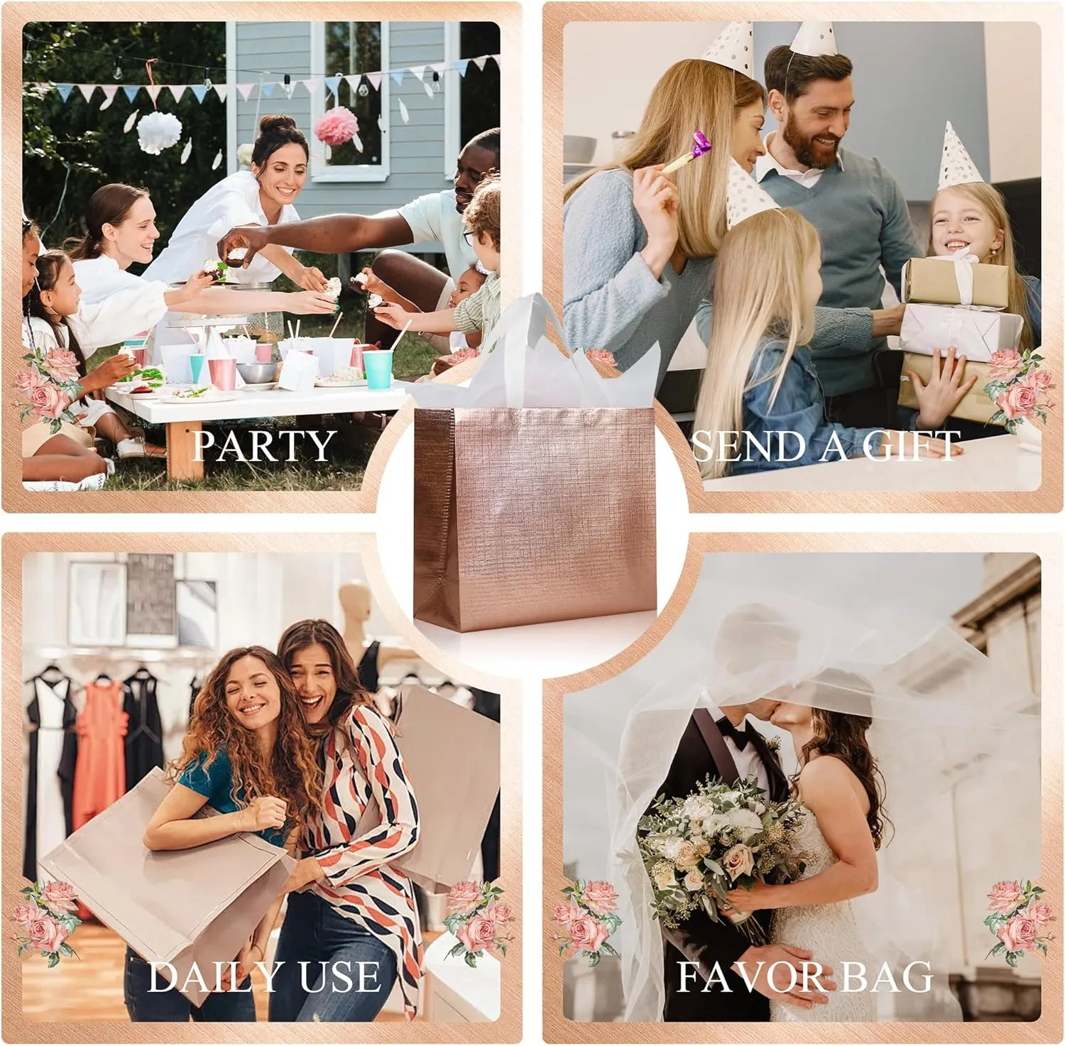 cabzymx Rose Gold Reusable Gift Bags with Metallic Design, 25 Pcs Non-woven Gift Bag Bulk with Handles, 12.6x4.7x11 In Party Bags for Wrapping Gifts, Birthday, Wedding, Parties, Graduation