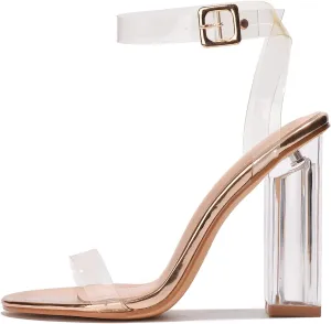Cape Robbin Maria-2 Clear Chunky Block High Heels for Women, Transparent Strappy Open Toe Shoes Heels for Women - Rose Gold Size 8