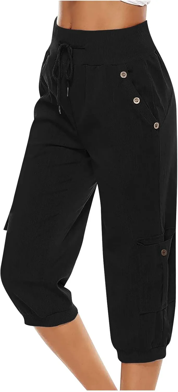 Capri Pants for Women High Waisted Cotton Linen Solid Color Trousers Elastic Sports Loose Flowy Pants with Pockets