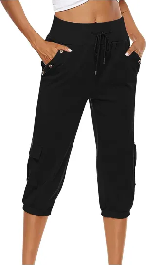 Capri Pants for Women High Waisted Cotton Linen Solid Color Trousers Elastic Sports Loose Flowy Pants with Pockets