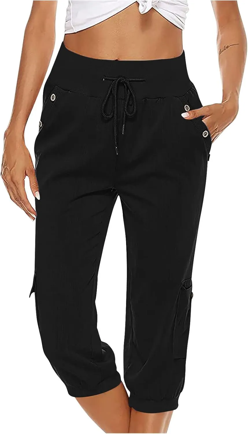 Capri Pants for Women High Waisted Cotton Linen Solid Color Trousers Elastic Sports Loose Flowy Pants with Pockets