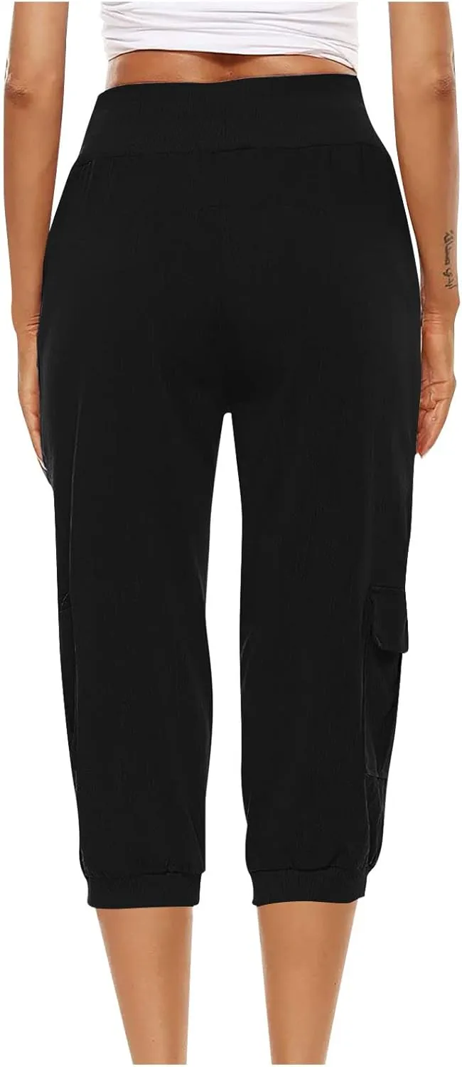 Capri Pants for Women High Waisted Cotton Linen Solid Color Trousers Elastic Sports Loose Flowy Pants with Pockets
