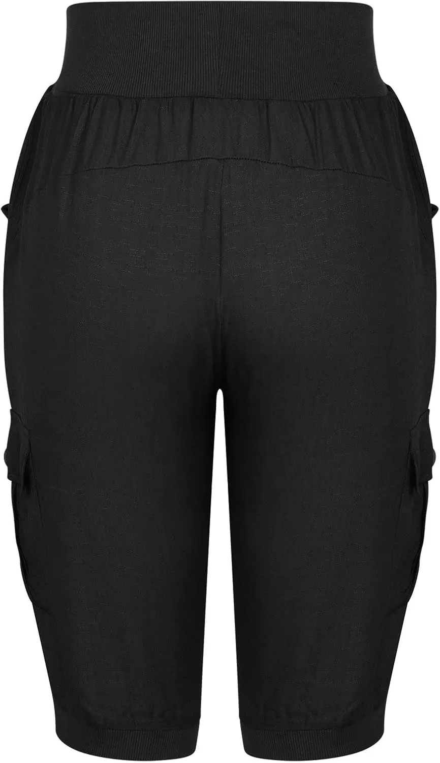 Capri Pants for Women High Waisted Cotton Linen Solid Color Trousers Elastic Sports Loose Flowy Pants with Pockets