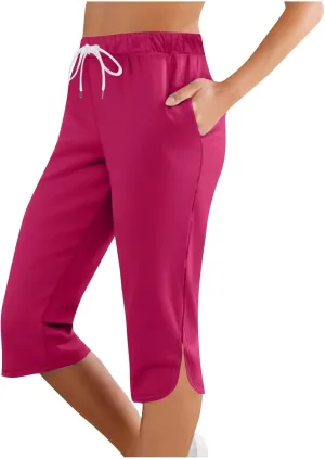 Capris Pants for Women 2025 Fashion Solid Color Elastic Waist Petite Capri Stretch Drawstring Summer Pant with Pockets