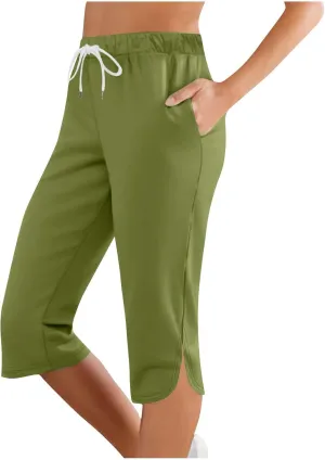 Capris Pants for Women 2025 Fashion Solid Color Elastic Waist Petite Capri Stretch Drawstring Summer Pant with Pockets