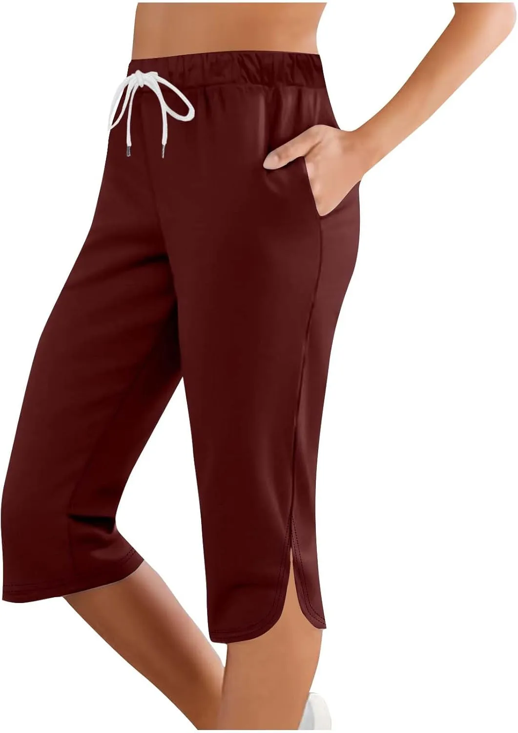 Capris Pants for Women 2025 Fashion Solid Color Elastic Waist Petite Capri Stretch Drawstring Summer Pant with Pockets