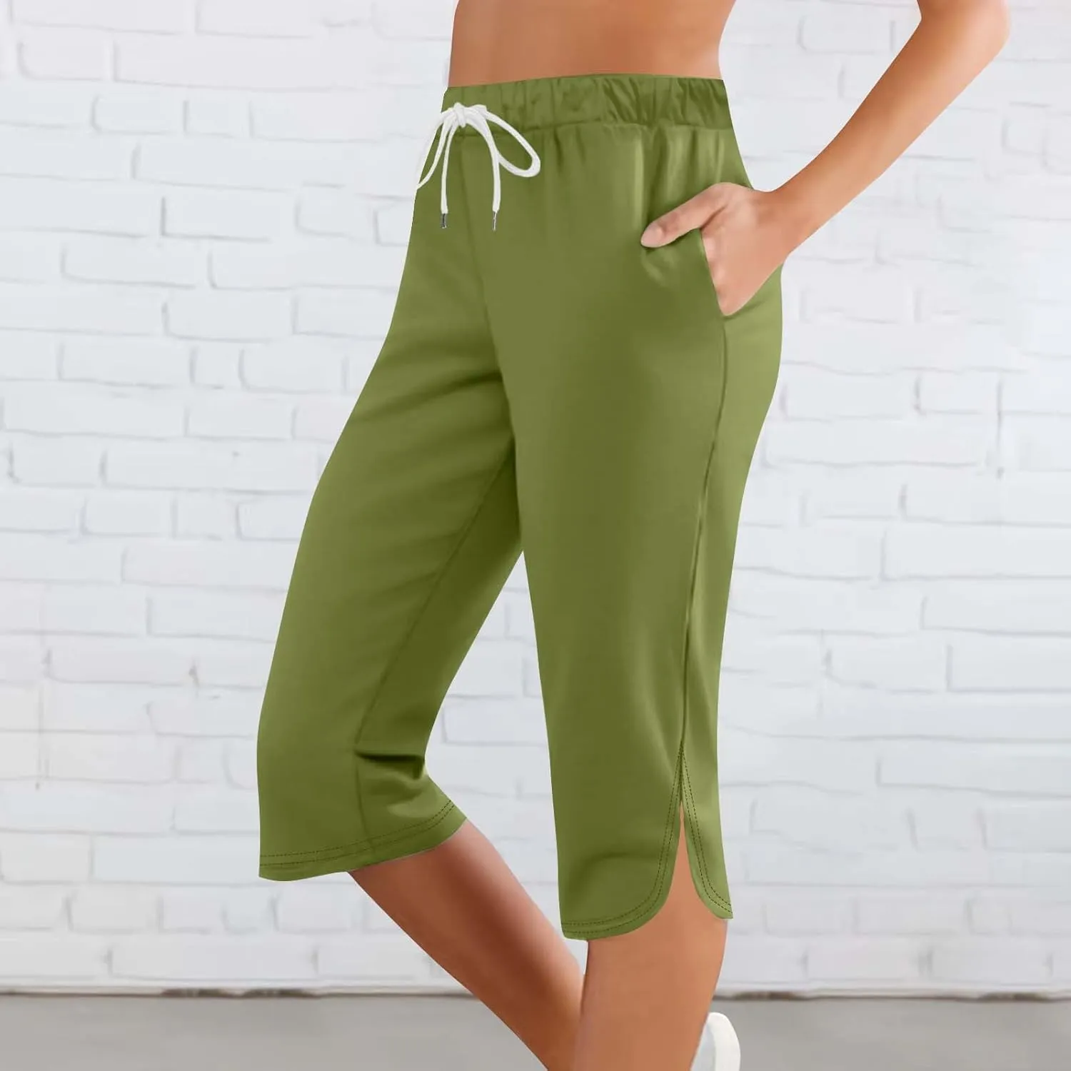 Capris Pants for Women 2025 Fashion Solid Color Elastic Waist Petite Capri Stretch Drawstring Summer Pant with Pockets