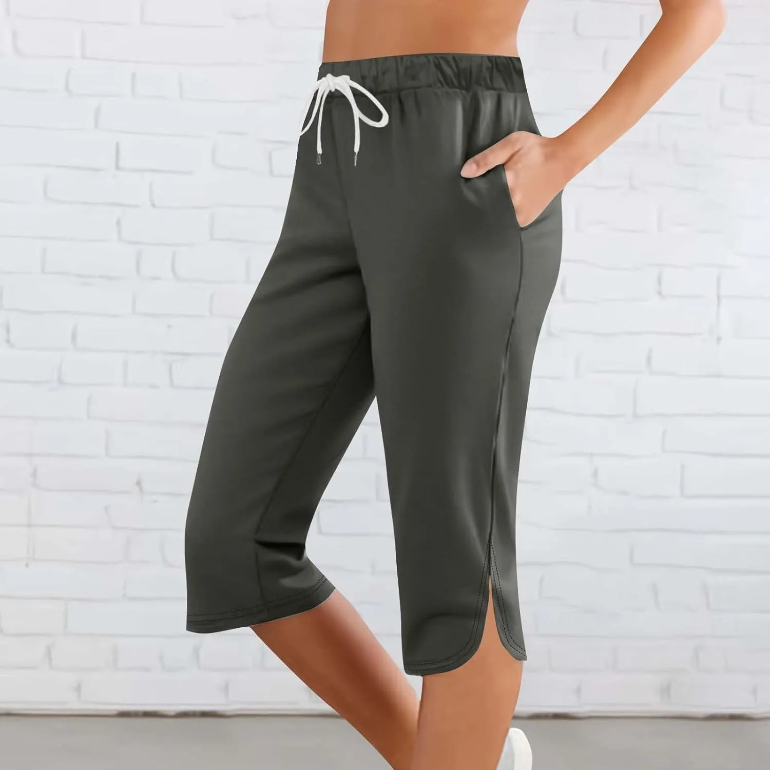 Capris Pants for Women 2025 Fashion Solid Color Elastic Waist Petite Capri Stretch Drawstring Summer Pant with Pockets