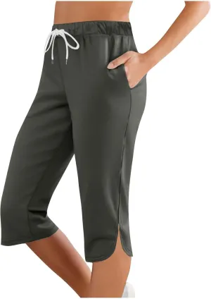 Capris Pants for Women 2025 Fashion Solid Color Elastic Waist Petite Capri Stretch Drawstring Summer Pant with Pockets