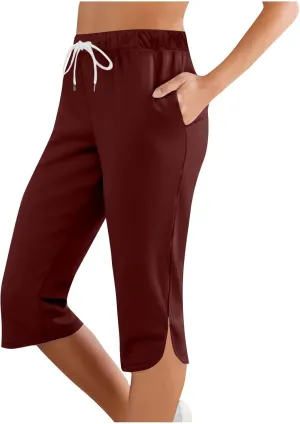 Capris Pants for Women 2025 Fashion Solid Color Elastic Waist Petite Capri Stretch Drawstring Summer Pant with Pockets