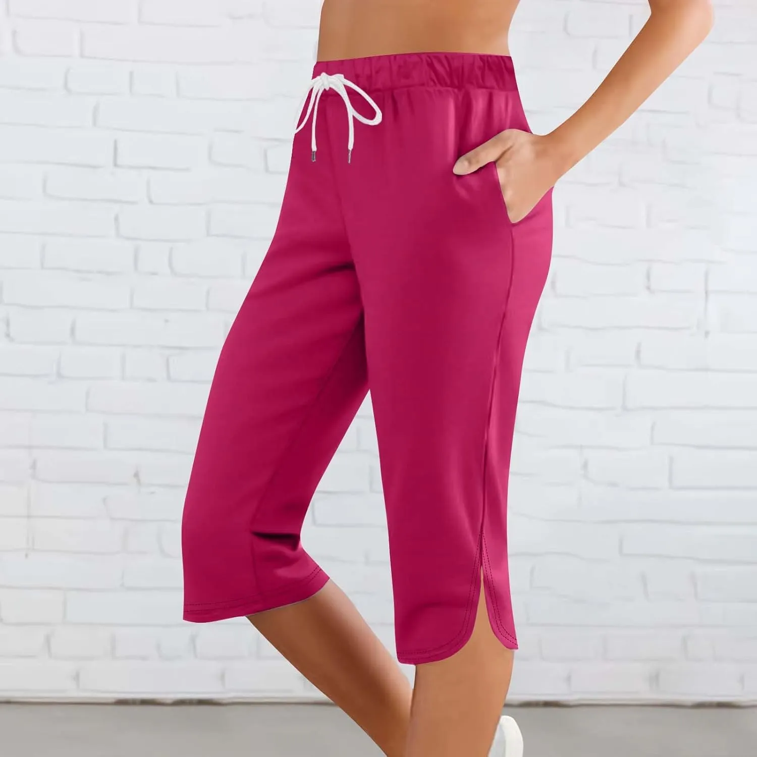 Capris Pants for Women 2025 Fashion Solid Color Elastic Waist Petite Capri Stretch Drawstring Summer Pant with Pockets