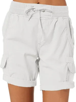 Cargo Shorts for Women Casual Summer Comfy Drawstring Elastic Waist Pocket Roll Up Bermuda Shorts Solid Color Lounge Pants