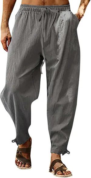 Casual Cotton Linen Pants for Men 2025 Summer Beach Elastic Drawstring Waist Yoga Pants Travel Baggy Work Trousers