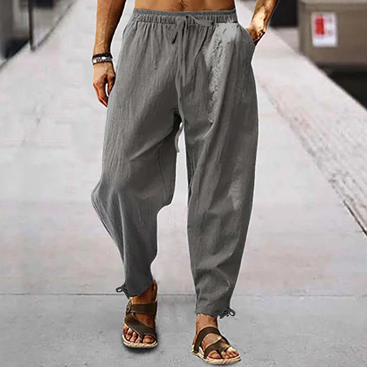 Casual Cotton Linen Pants for Men 2025 Summer Beach Elastic Drawstring Waist Yoga Pants Travel Baggy Work Trousers