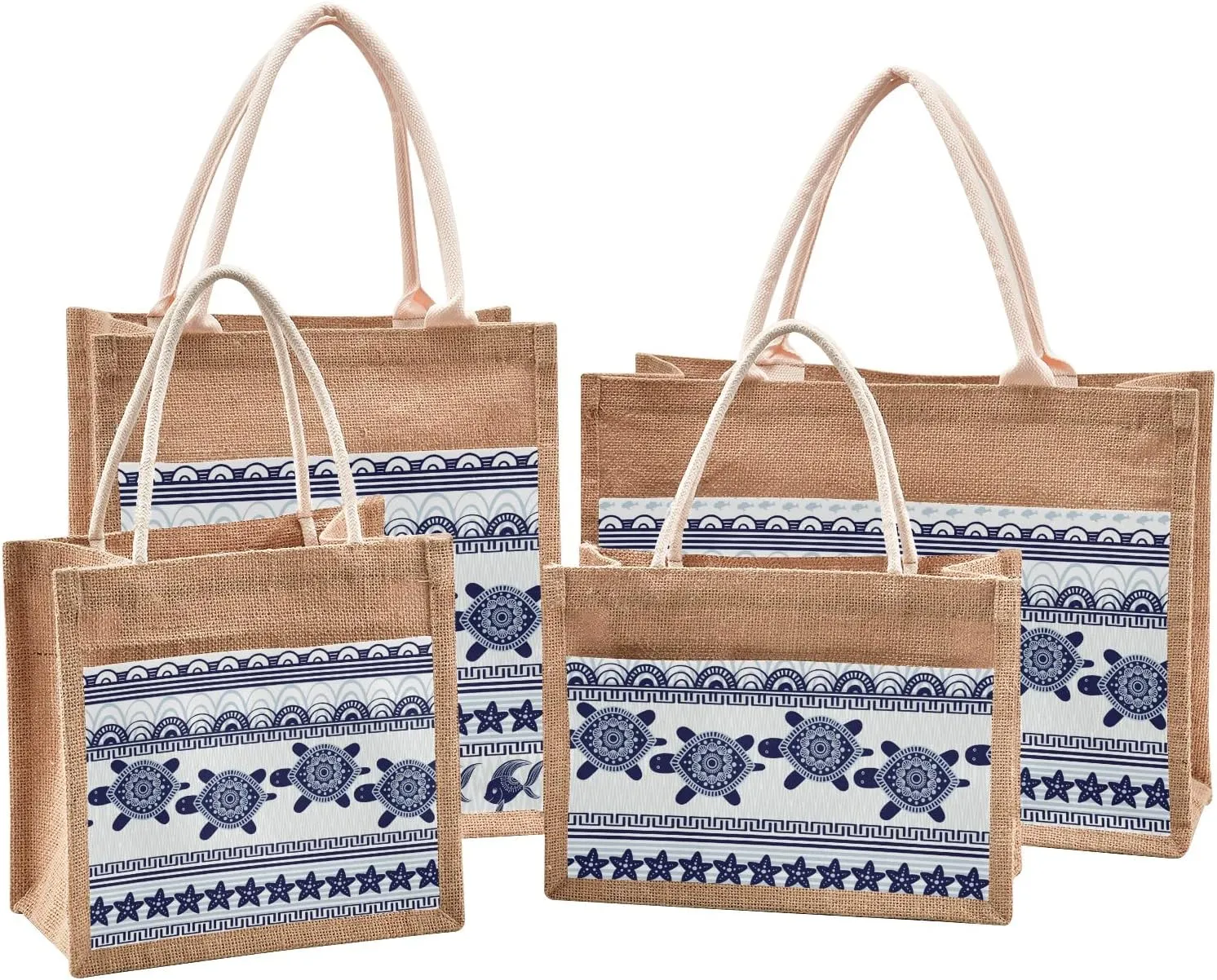 CaTaKu Boho Jute Tote Bags with Handles - Zippered Reusable Shopping & Grocery Bags - Burlap with Front Canvas Pocket - Gift for Wedding 12 x 9