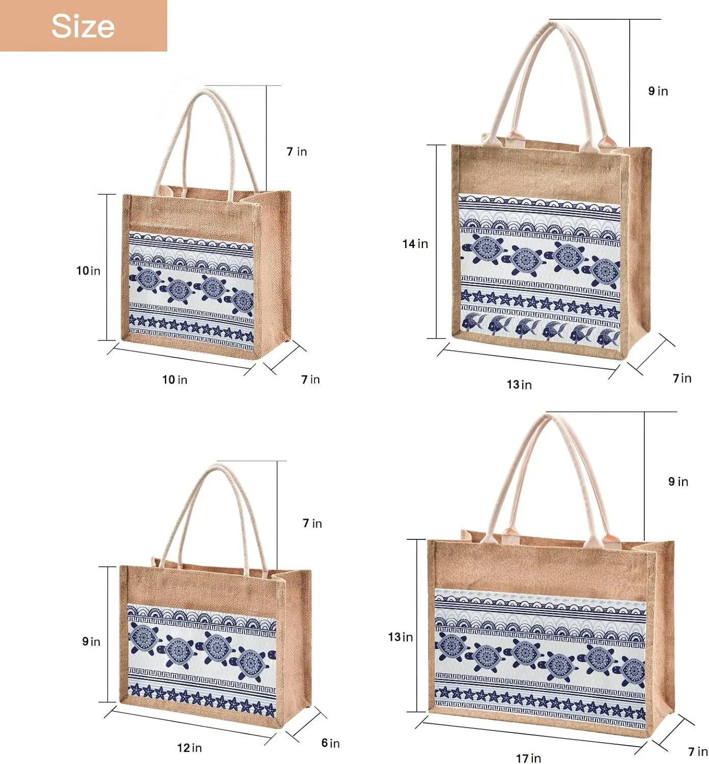 CaTaKu Boho Jute Tote Bags with Handles - Zippered Reusable Shopping & Grocery Bags - Burlap with Front Canvas Pocket - Gift for Wedding 12 x 9