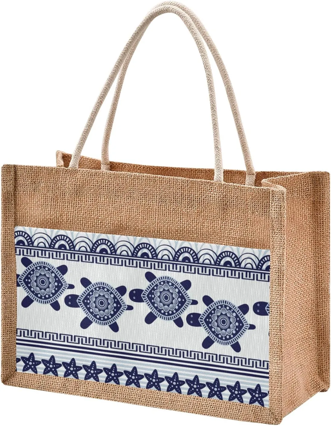 CaTaKu Boho Jute Tote Bags with Handles - Zippered Reusable Shopping & Grocery Bags - Burlap with Front Canvas Pocket - Gift for Wedding 12 x 9