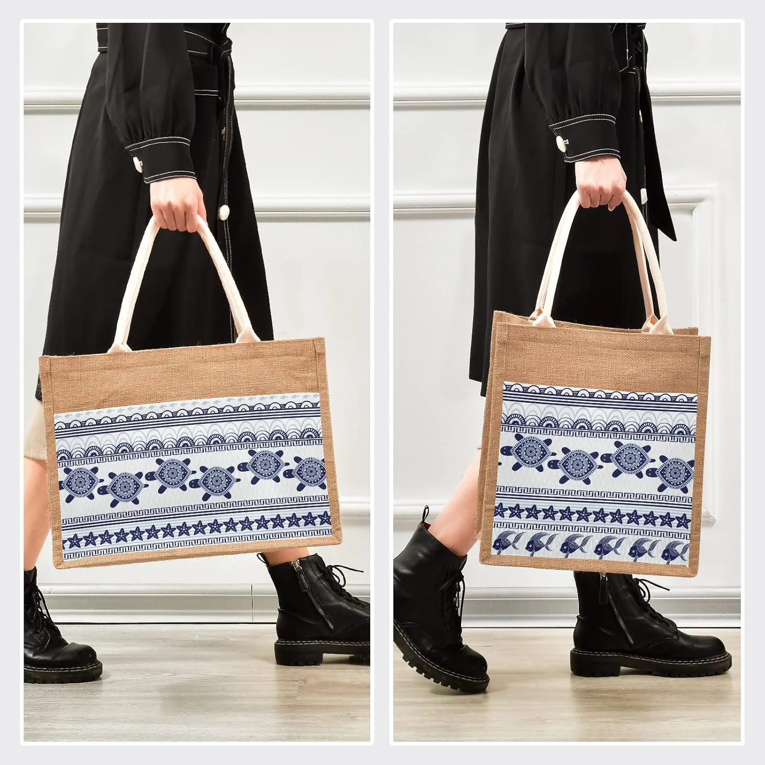 CaTaKu Boho Jute Tote Bags with Handles - Zippered Reusable Shopping & Grocery Bags - Burlap with Front Canvas Pocket - Gift for Wedding 12 x 9