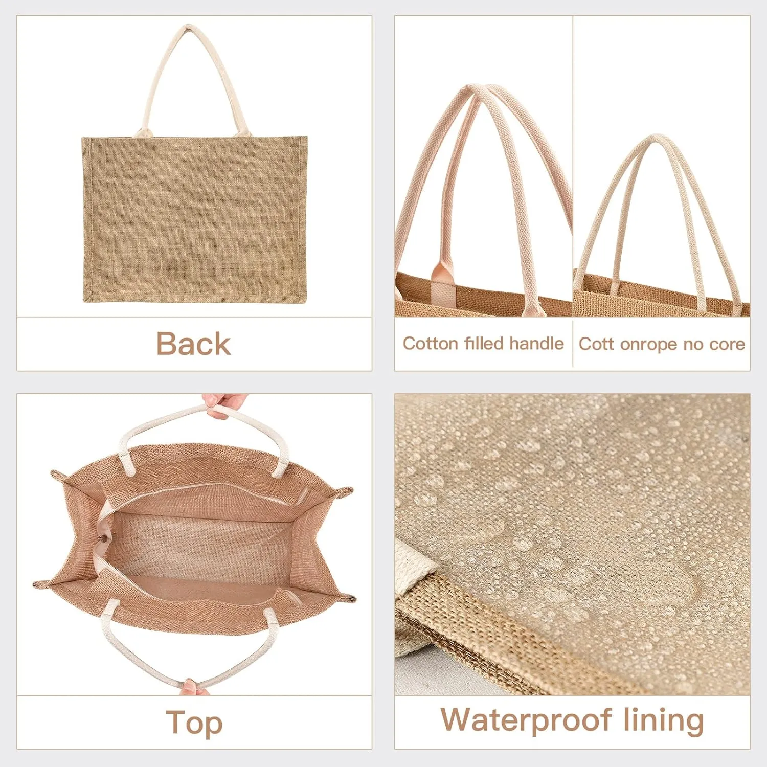 CaTaKu Boho Jute Tote Bags with Handles - Zippered Reusable Shopping & Grocery Bags - Burlap with Front Canvas Pocket - Gift for Wedding 12 x 9
