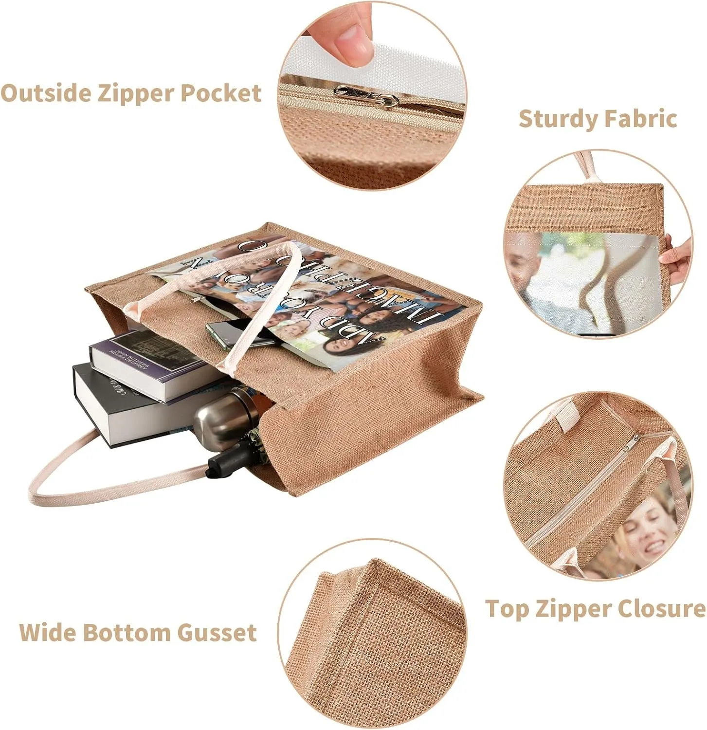 CaTaKu Custom Tote Bag with Handles & Zipper - Personalized Jute Bag for Reusable Shopping & Travel - 13" x 14