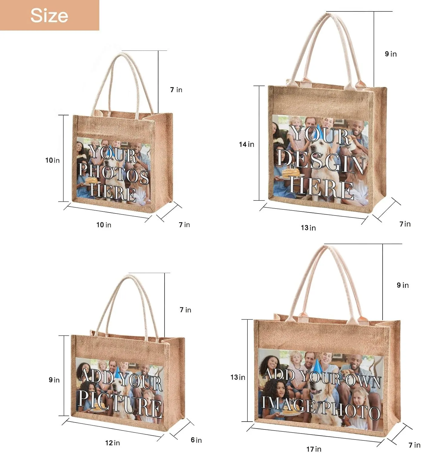 CaTaKu Custom Tote Bag with Handles & Zipper - Personalized Jute Bag for Reusable Shopping & Travel - 13" x 14