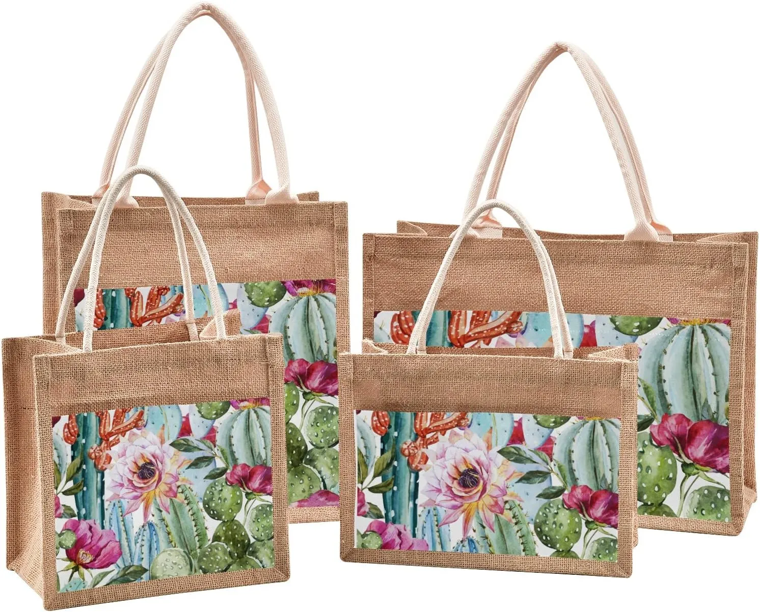 CaTaKu Jute Tote Bags with Handles & Zipper - Reusable Shopping & Gift Bags for Beach - 10" x 10"