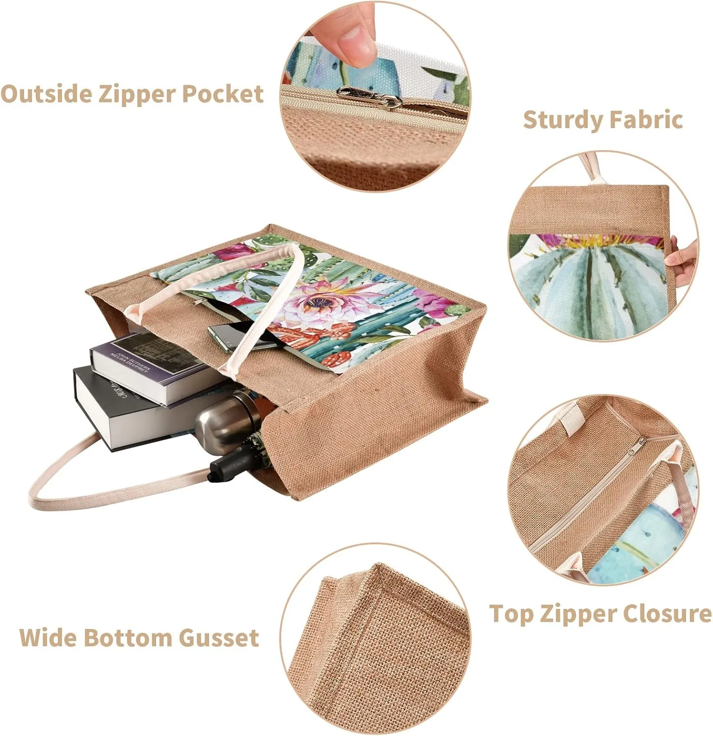 CaTaKu Jute Tote Bags with Handles & Zipper - Reusable Shopping & Gift Bags for Beach - 10" x 10"