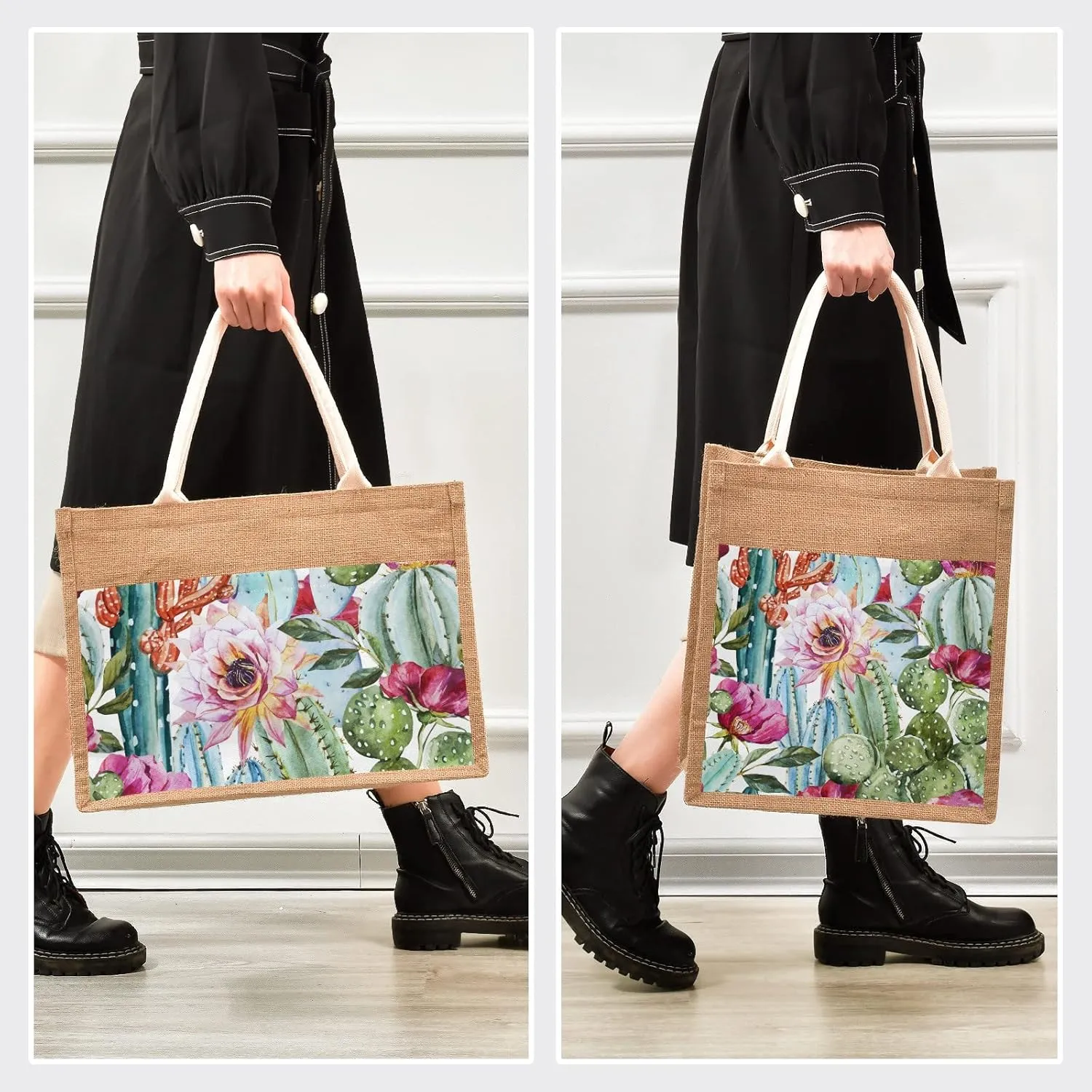 CaTaKu Jute Tote Bags with Handles & Zipper - Reusable Shopping & Gift Bags for Beach - 10" x 10"