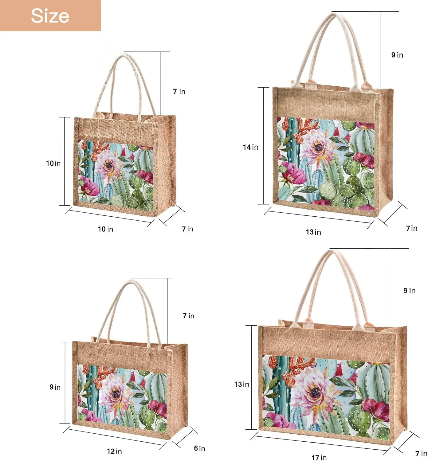 CaTaKu Jute Tote Bags with Handles & Zipper - Reusable Shopping & Gift Bags for Beach - 10" x 10"