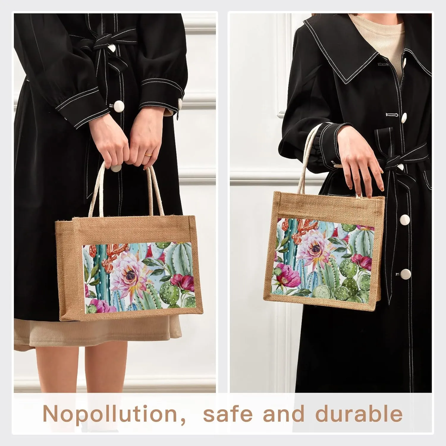 CaTaKu Jute Tote Bags with Handles & Zipper - Reusable Shopping & Gift Bags for Beach - 10" x 10"