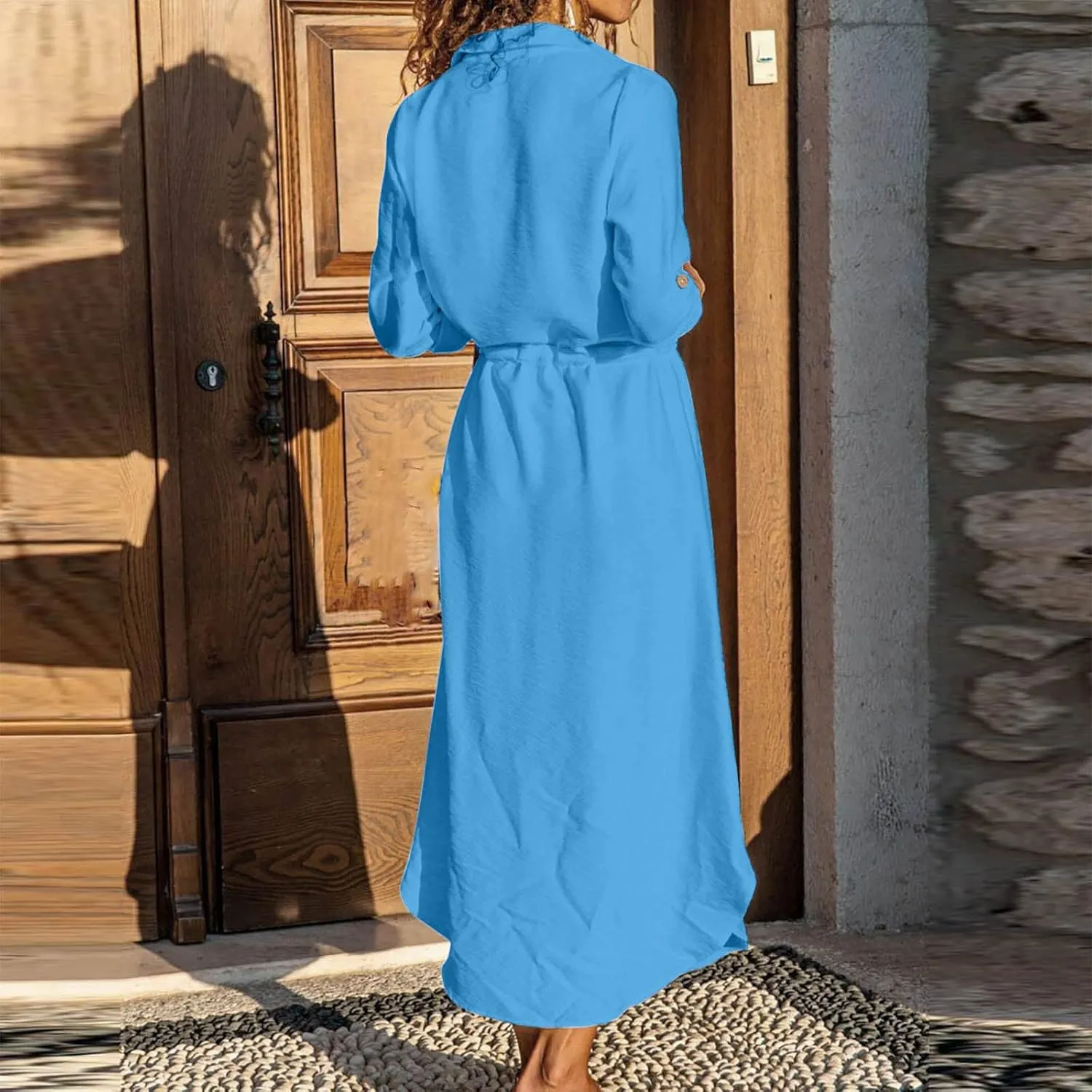 Ceboyel Linen Shirt Dresses for Women Button Down Drawstring Causal Dress Plain Long Maxi Dresses Trendy Ladies Outfits 2023
