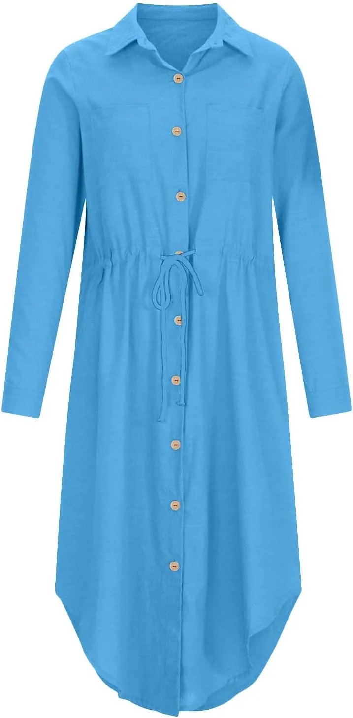 Ceboyel Linen Shirt Dresses for Women Button Down Drawstring Causal Dress Plain Long Maxi Dresses Trendy Ladies Outfits 2023