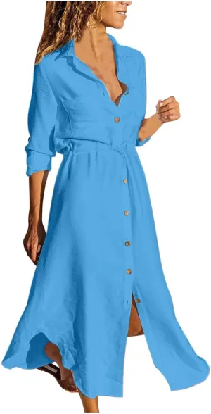 Ceboyel Linen Shirt Dresses for Women Button Down Drawstring Causal Dress Plain Long Maxi Dresses Trendy Ladies Outfits 2023