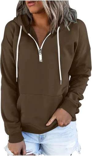 Ceboyel Women Quarter Zip Pullover Sweatshirt Solid Color Hoodies Drawstring Long Sleeve Pullover Tops Fall Clothing 2023