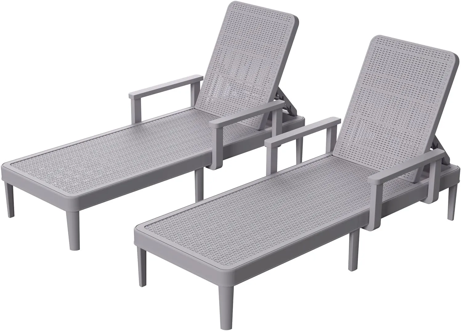 Chaise Lounge Chair Outdoor Set of 2-5 Position Adjustable Backrest, Armrest, Waterproof, 300lbs Weight Capacity for Pool, Resin, Light Grey