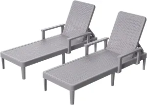 Chaise Lounge Chair Outdoor Set of 2-5 Position Adjustable Backrest, Armrest, Waterproof, 300lbs Weight Capacity for Pool, Resin, Light Grey