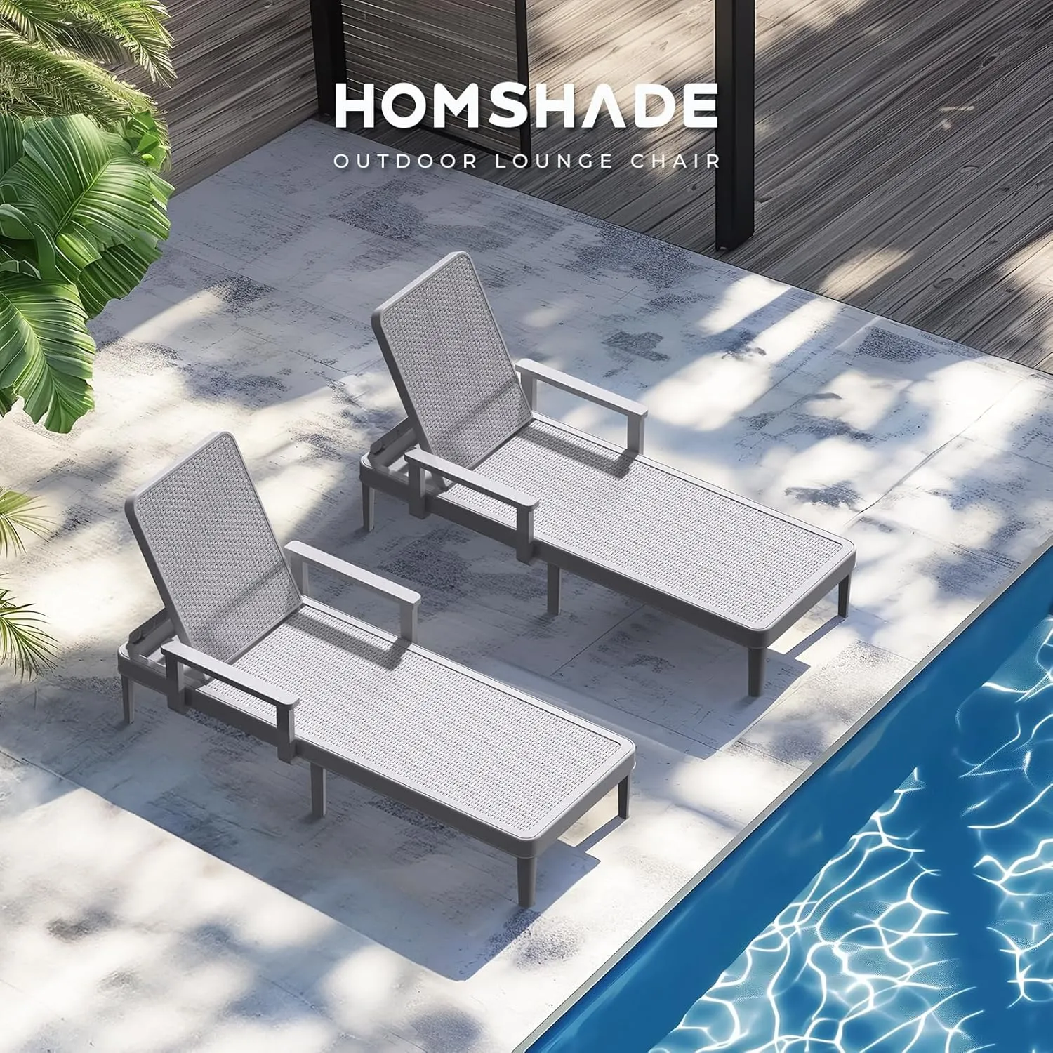 Chaise Lounge Chair Outdoor Set of 2-5 Position Adjustable Backrest, Armrest, Waterproof, 300lbs Weight Capacity for Pool, Resin, Light Grey