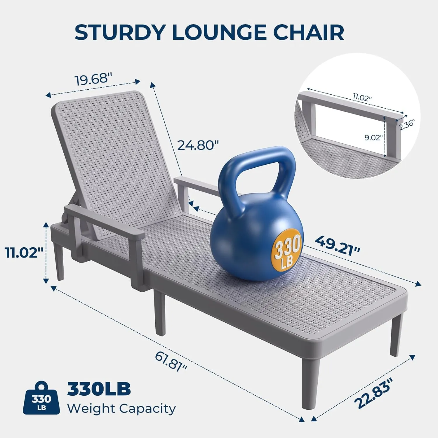 Chaise Lounge Chair Outdoor Set of 2-5 Position Adjustable Backrest, Armrest, Waterproof, 300lbs Weight Capacity for Pool, Resin, Light Grey