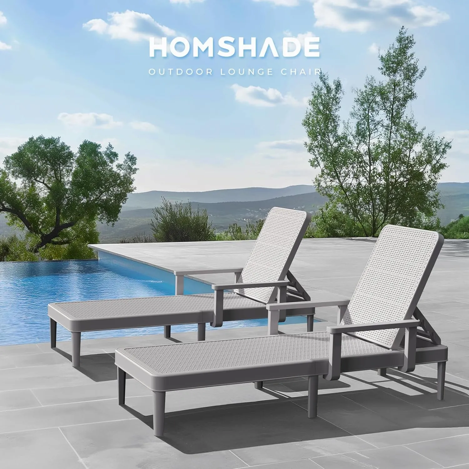 Chaise Lounge Chair Outdoor Set of 2-5 Position Adjustable Backrest, Armrest, Waterproof, 300lbs Weight Capacity for Pool, Resin, Light Grey