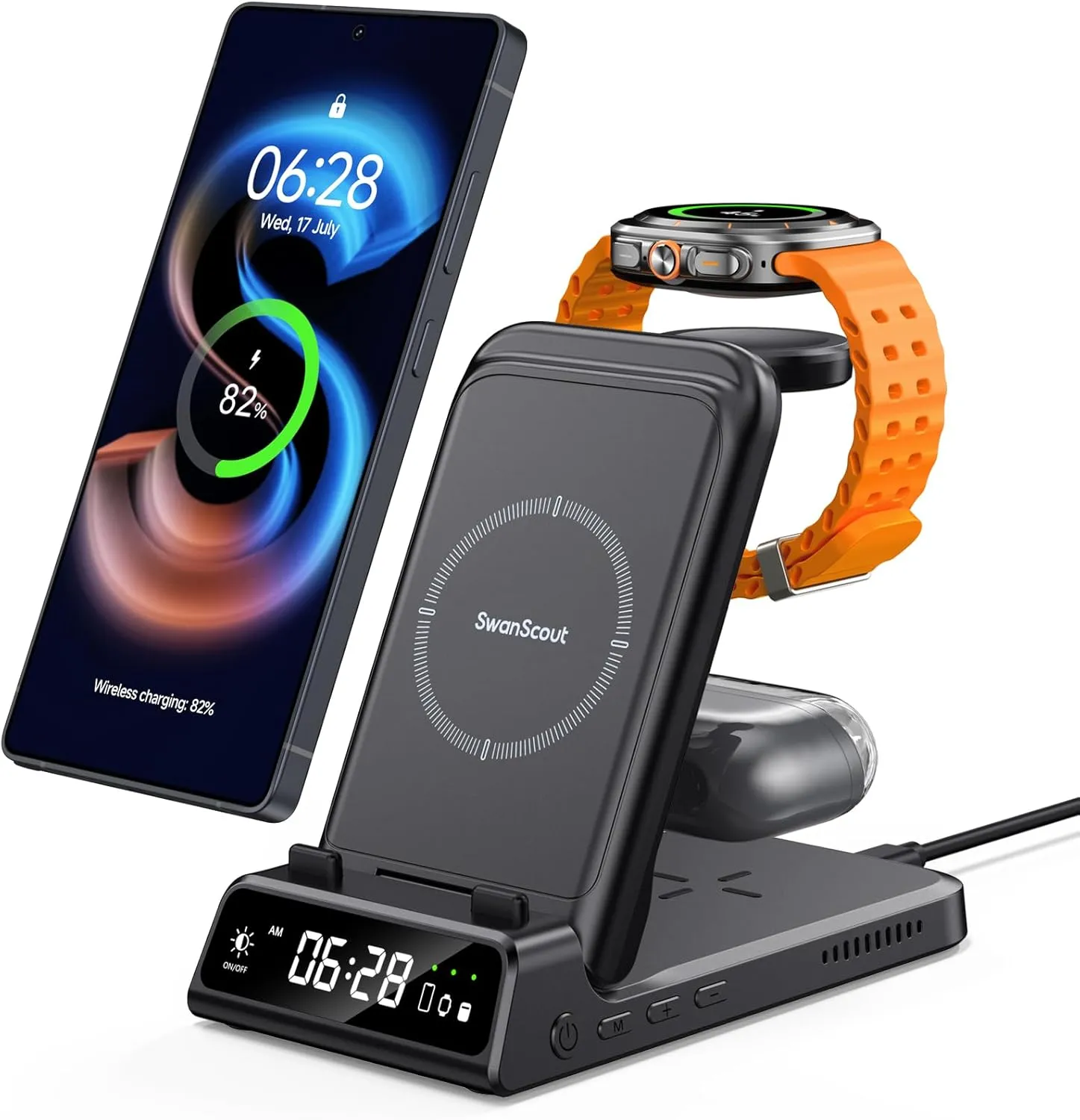 Charging Station for Samsung, SwanScout 703S, Wireless Charger for Samsung Galaxy S25 Ultra/S25 /S25/S24 Ultra/S24 /S24/S23, Galaxy Watch Ultra/7/6/5/4, Galaxy Buds 3 Pro/3 (No Adapter) (Black)