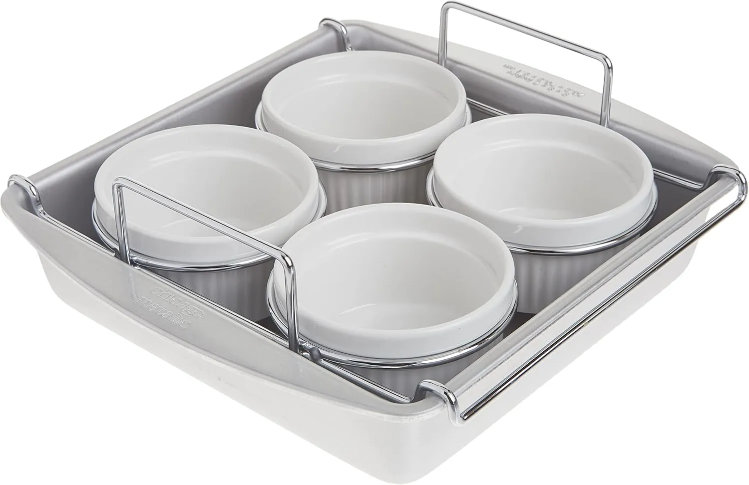 Chicago Metallic Professional 6-Piece Creme Brulee Set with 4 Porcelain Ramekins, 8-inch Square Pan and Wire Rack