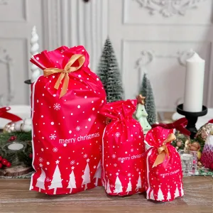 Christmas Drawstring Gift Bags - 10 Pack Assorted Sizes, Red Holiday Plastic Treat Bags with Ribbons, Perfect for Party Favors and Christmas Decorations