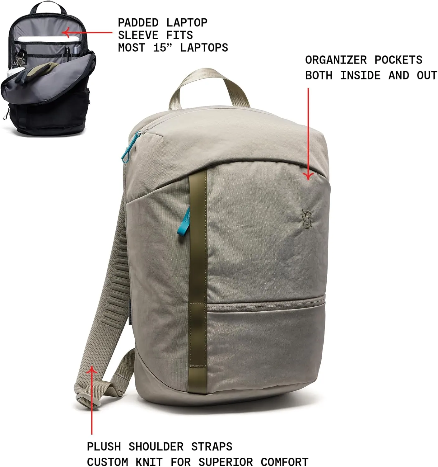 Chrome Industries Camden Backpack – 16L Travel Bag for Men and Women with Plush Knit Shoulder Straps Recycled Materials and Internal Laptop Sleeve – Sage
