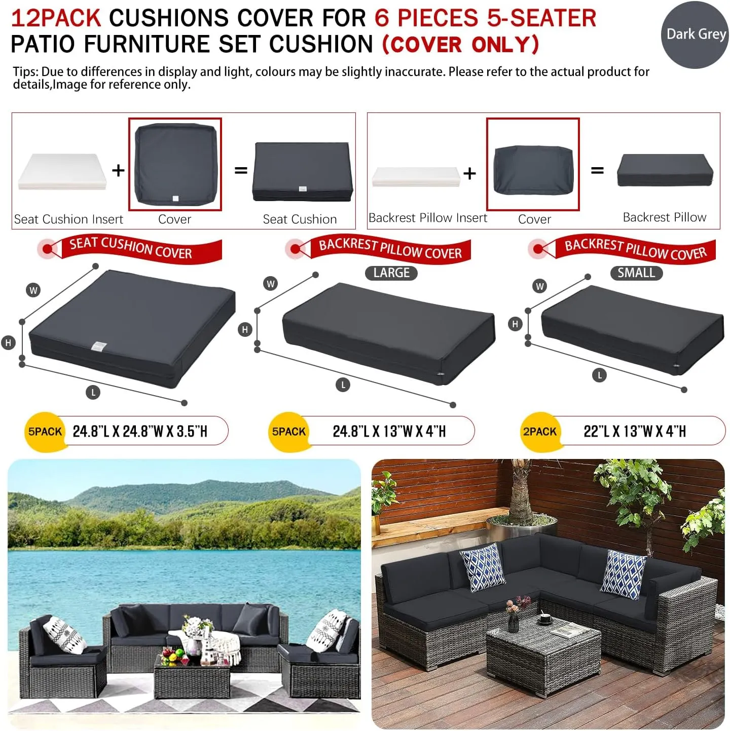 ClawsCover 12Pack Outdoor Seat and Back Cushions Replacement Covers Fit for 6Pieces 5-Seater Wicker Rattan Patio Furniture Conversation Set Sectional Couch Chairs,Dark Grey-Include Cover Only