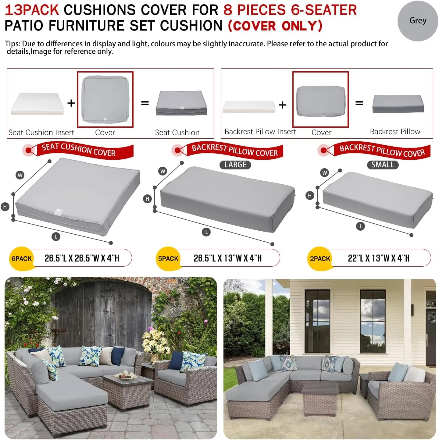 ClawsCover 13 Pack Outdoor Seat and Back Cushions Replacement Covers Fit for 6 Pieces 8-Seater Wicker Rattan Patio Furniture Conversation Set Sectional Couch Chairs,Gray-Include Cover Only