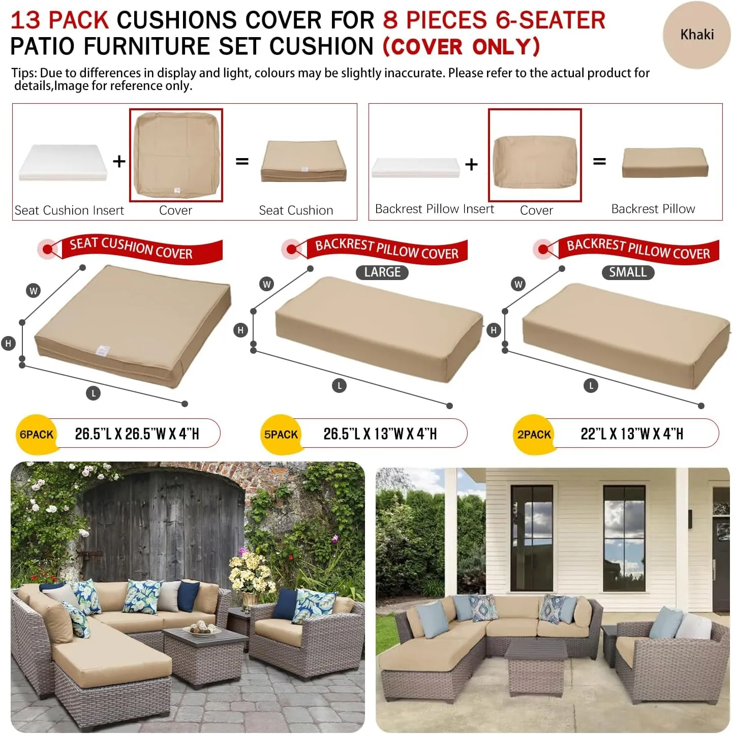 ClawsCover 13 Pack Outdoor Seat and Back Cushions Replacement Covers Fit for 6 Pieces 8-Seater Wicker Rattan Patio Furniture Conversation Set Sectional Couch Chairs,Khaki-Include Cover Only